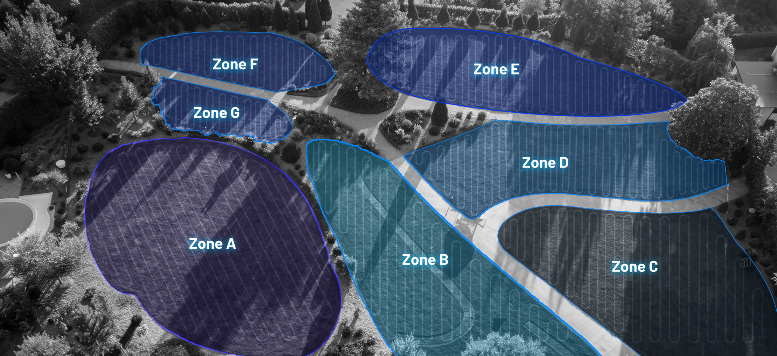 Mammotion LUBA 3 awd robotfűnyíró által kezelt különböző zónák a kertben