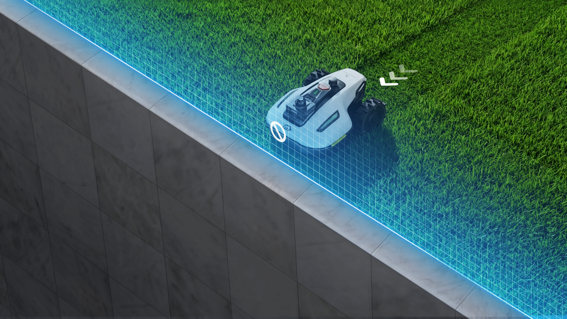 YUKA mini 2 1000 robotfűnyíró leesésérzékelő biztonsági rendszerrel