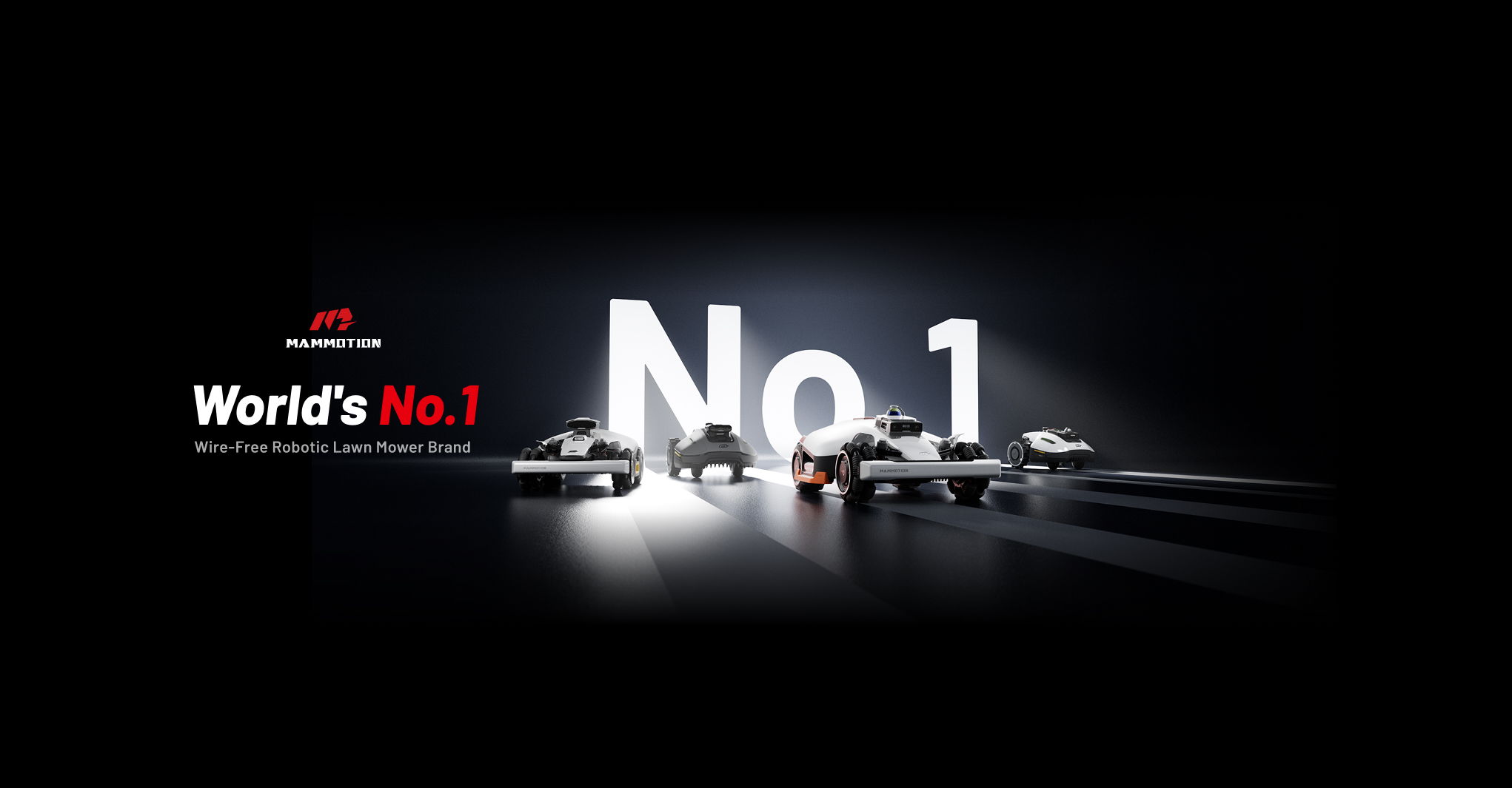 Mammotion vil&aacute;gelső m&aacute;rka - fekete h&aacute;tt&eacute;ren a robotfűny&iacute;r&oacute;k, &eacute;s m&ouml;g&ouml;tt&uuml;k egy nagy feh&eacute;r No.1. felirat